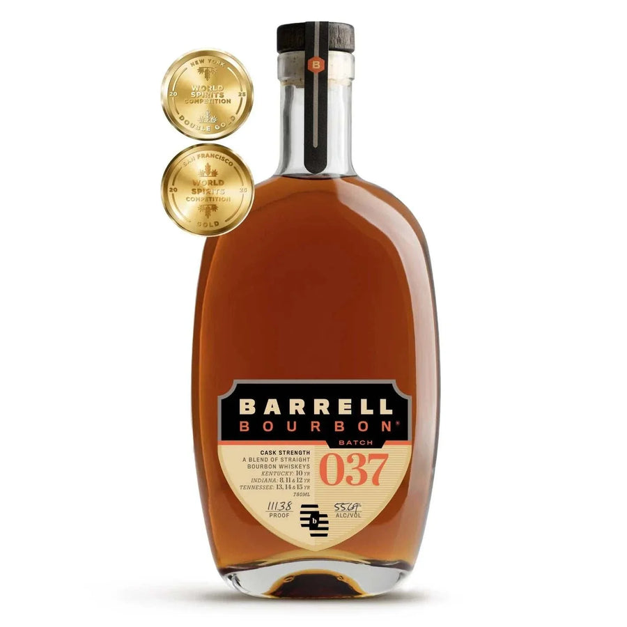 Barrell Blended Bourbon Batch 037 Cask Strength 750 ML bottle showcasing rich caramel and oak flavor notes