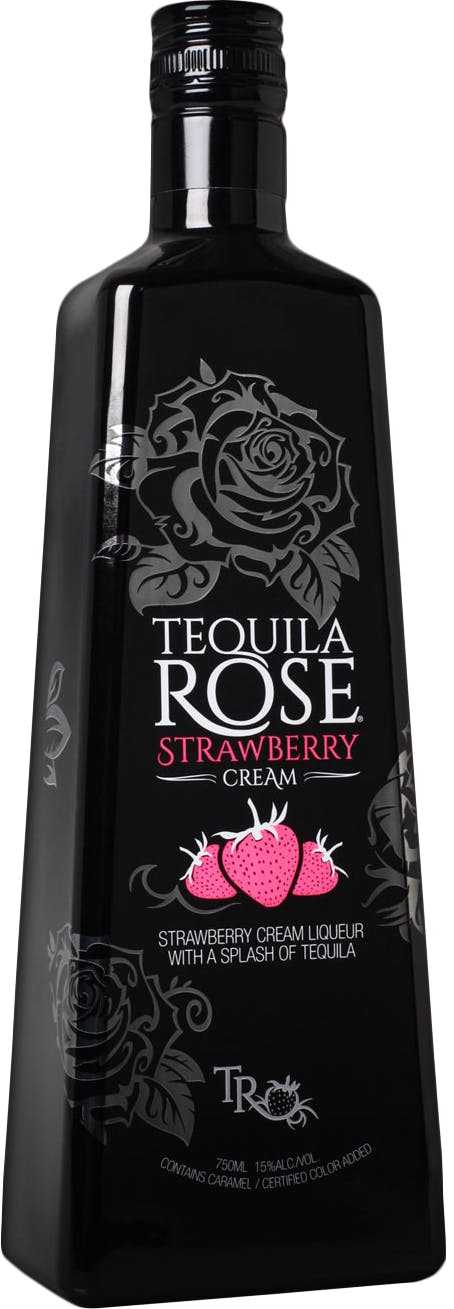 Tequila Rose Strawberry Cream Liqueur bottle with strawberry and rose design