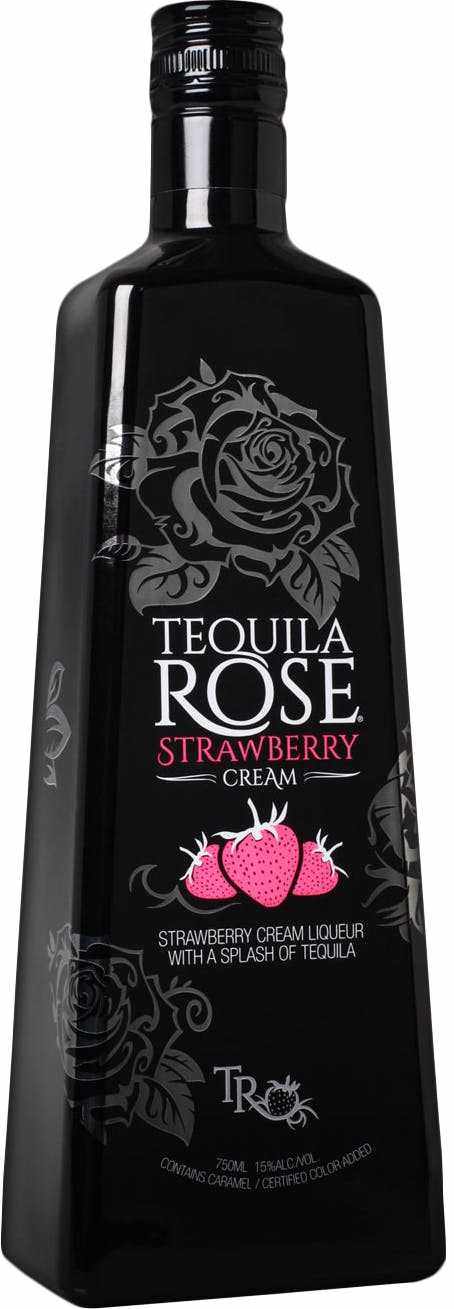 Tequila Rose Strawberry Cream Liqueur 1 L bottle with rose design.