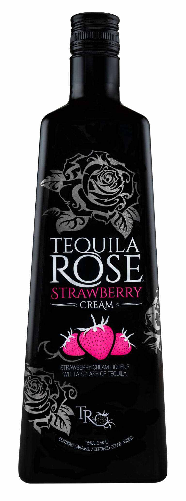 Tequila Rose Strawberry Cream Liqueur 750 ML bottle with black label and pink accents.