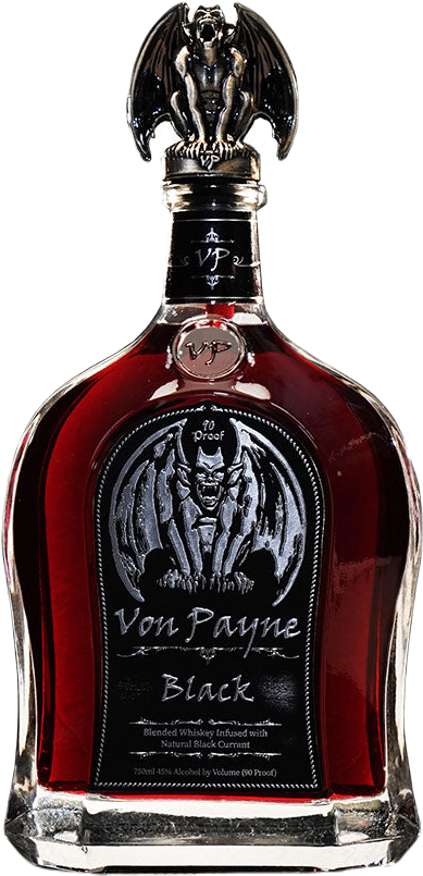 Von Payne Blended Whiskey 750ml bottle with black gargoyle cap and dark amber whiskey inside