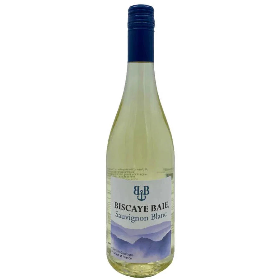 Biscaye Baie Sauvignon Blanc 2023 750 ML bottle with clean, crisp white wine and blue cap