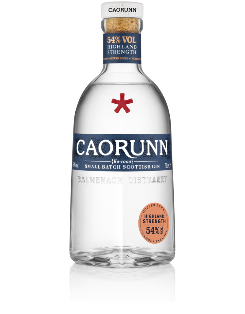 Caorunn Dry Gin Highland Strength 108 bottle showcasing premium Scottish gin with botanical ingredients