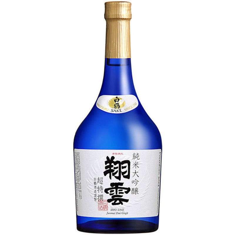 Hakutsuru Sake Premium Sho-Une Junmai Daiginjo 720 ML bottle with blue glass and gold cap.