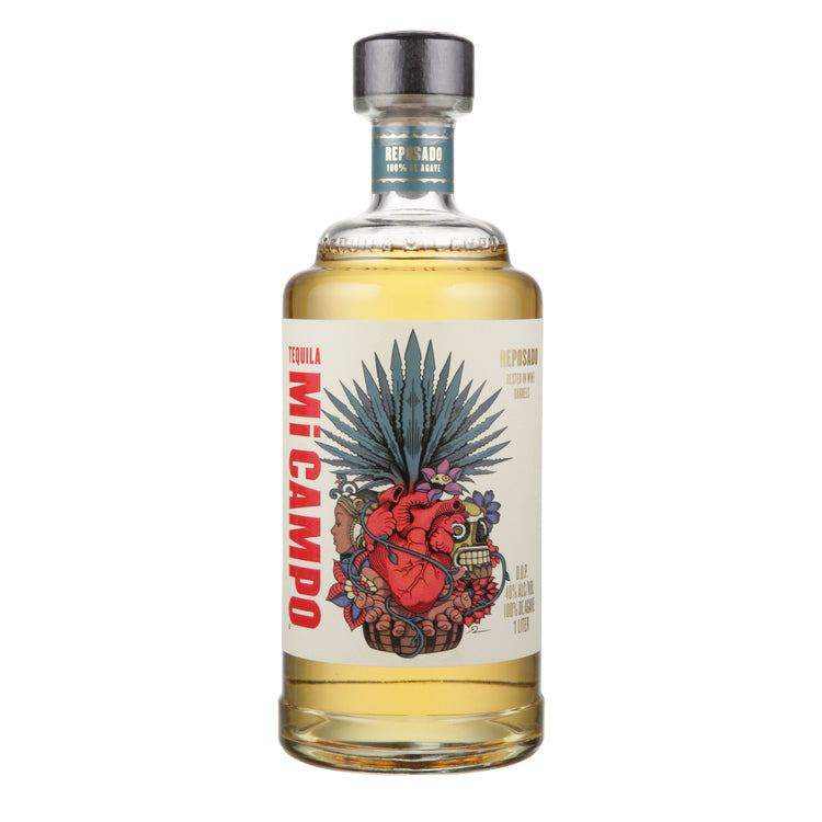 Mi Campo Tequila Reposado 1L bottle with colorful agave illustration.