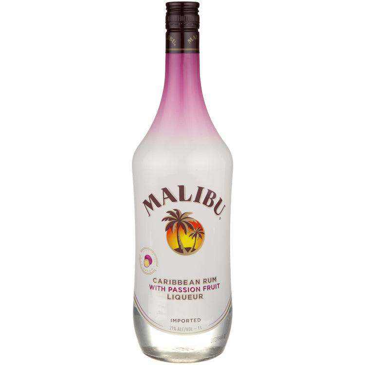 Malibu Passion Fruit Flavored Rum 1L bottle with tropical and fruity design.