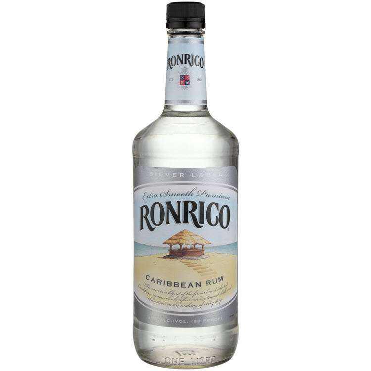 Ronrico Light Rum Silver Label 80 750 ML bottle with Caribbean rum label and scenic beach design.