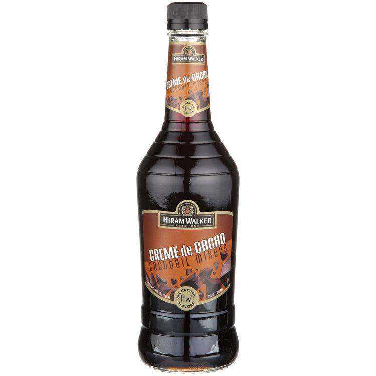Hiram Walker Creme De Cacao Dark 750 ML bottle with chocolate liqueur label.