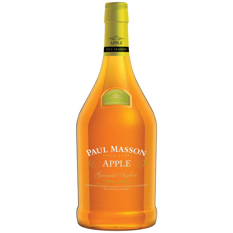Paul Masson Apple Flavored Brandy Grande Amber 1.75L bottle with smooth taste and oak-aged quality.