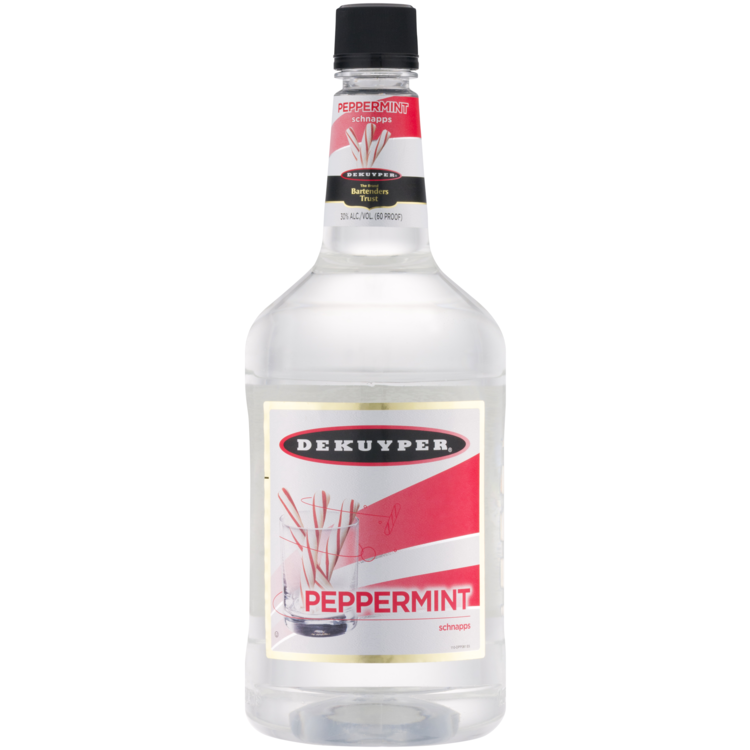 Dekuyper Peppermint Schnapps 1L bottle with label showing brand heritage and peppermint flavor.