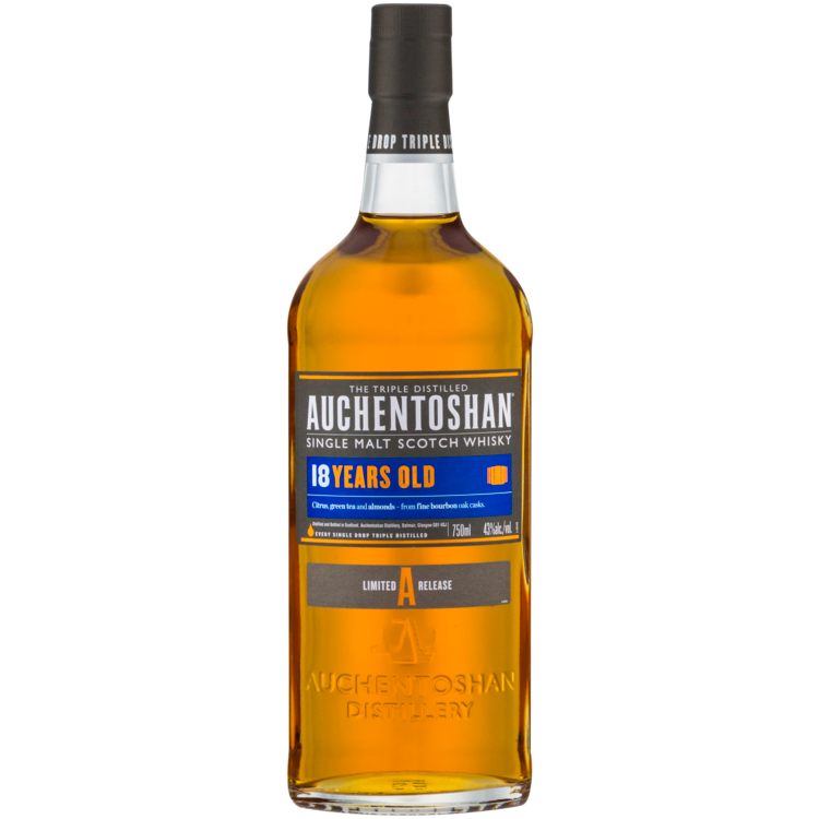Auchentoshan Single Malt Scotch 18 Year 750 ML bottle on white background.