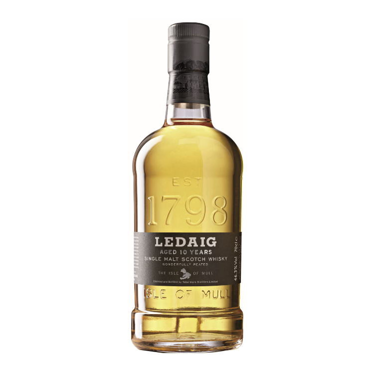 Ledaig Single Malt Scotch 10 Year bottle, peated whisky from Isle of Mull, 750ml, 92.6 proof.