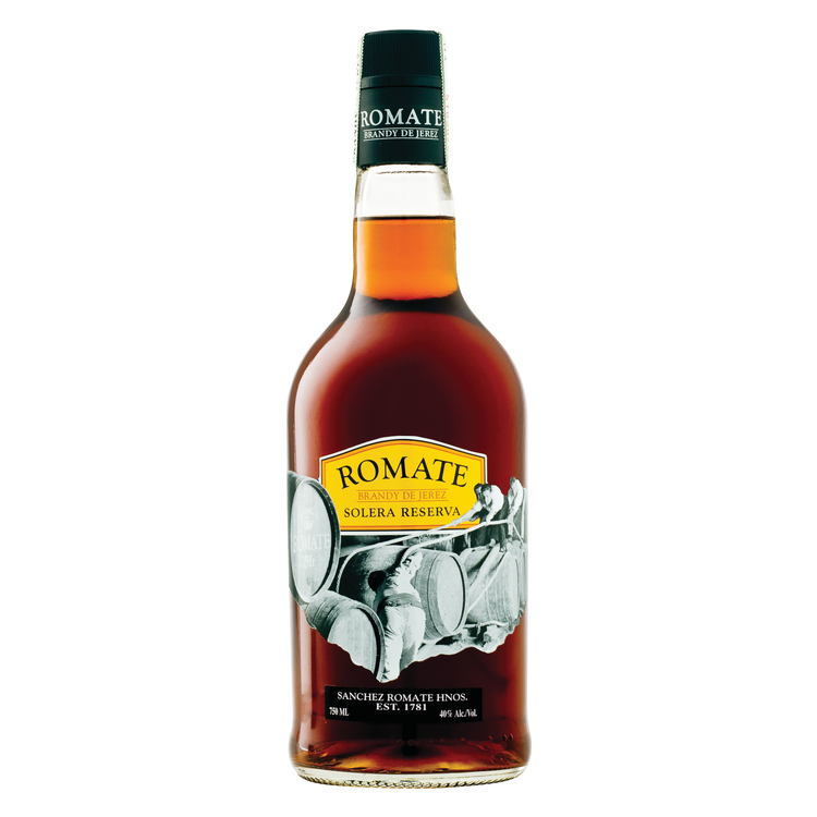 Romate Brandy De Jerez Solera Reserva 750ml bottle with label.