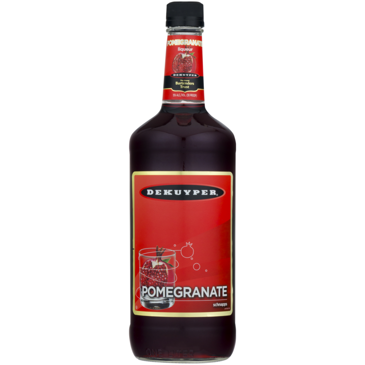 Dekuyper Pomegranate Schnapps 1L bottle with red label and pomegranate graphics.