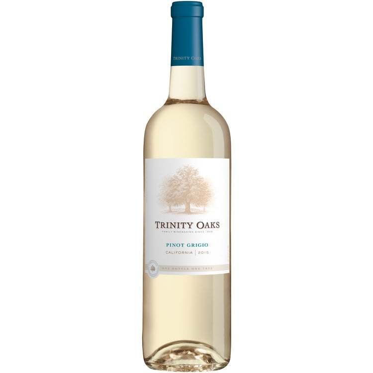 Trinity Oaks Pinot Grigio California wine bottle featuring eco-friendly label and fresh fruit flavors.