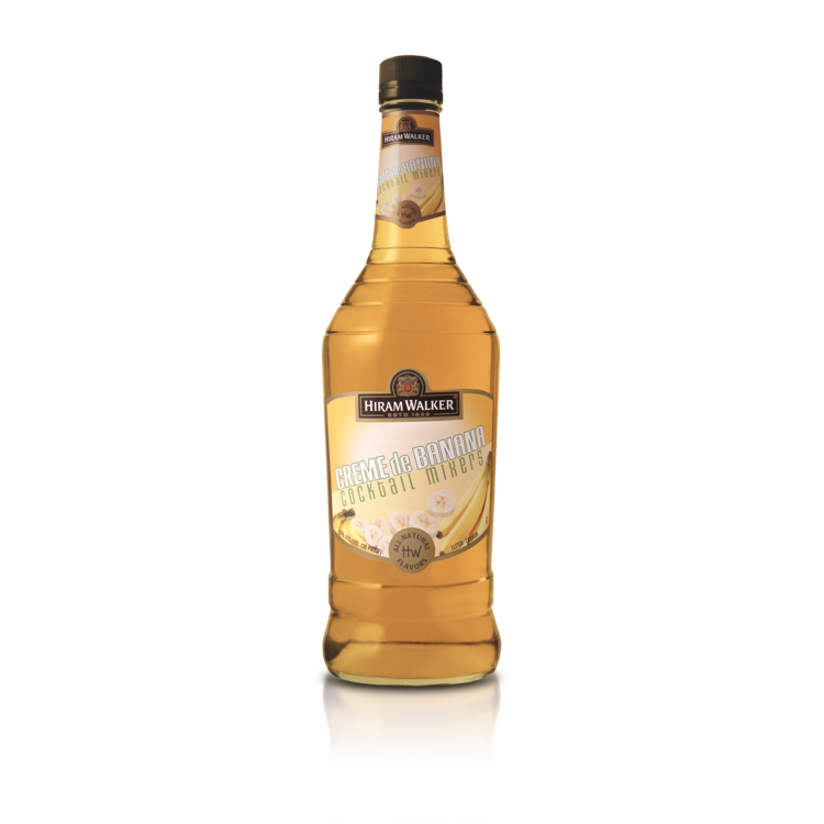 Hiram Walker Creme De Banane 1L bottle with bright yellow liqueur.