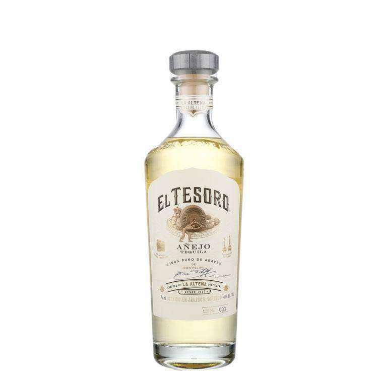 El Tesoro Tequila Anejo 750 ML bottle with honey gold color, showcasing premium Mexican tequila aged in bourbon barrels.