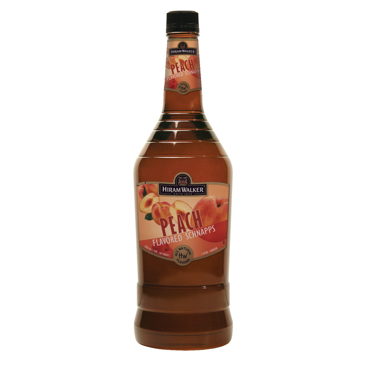 Hiram Walker Peach Schnapps 750 ML bottle with label showing peach imagery.