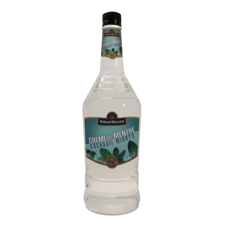 Hiram Walker Creme De Menthe White 750 ML bottle with mint-flavored liqueur.
