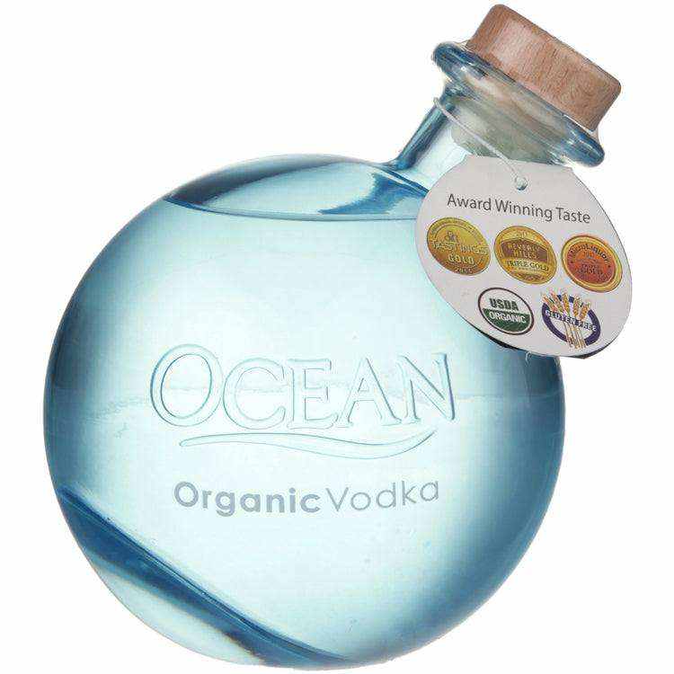 Ocean Vodka 80 organic vodka bottle with award-winning labels, distilled from organic sugar cane and ocean mineral water.
