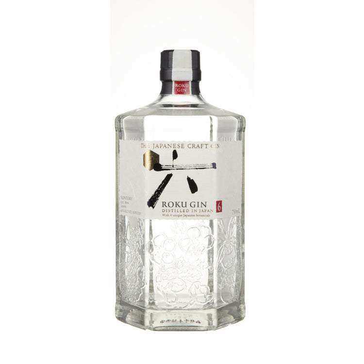 Suntory Dry Gin Roku 86 bottle with Japanese botanicals design.