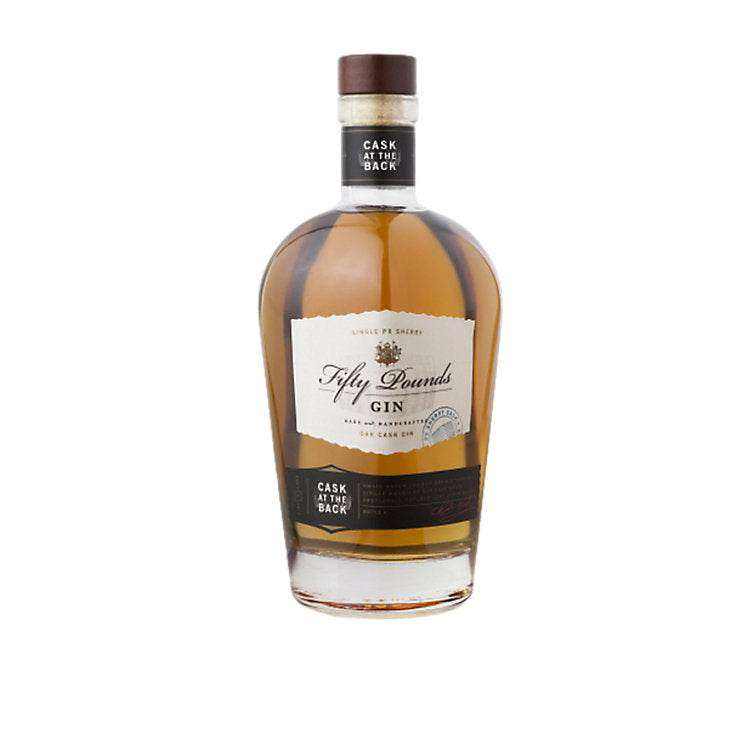 Fifty Pounds Oak Cask Gin bottle with label, 750 ml, London Dry Gin.