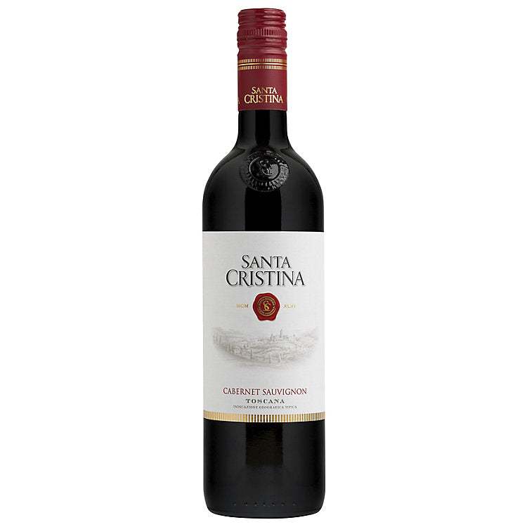 Santa Cristina Toscana Rosso 750 ML red wine bottle with Tuscan vineyard background