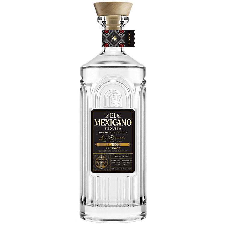 Bottle of El Mexicano Tequila Blanco 90 750 ML showcasing premium 100% Blue Weber agave tequila