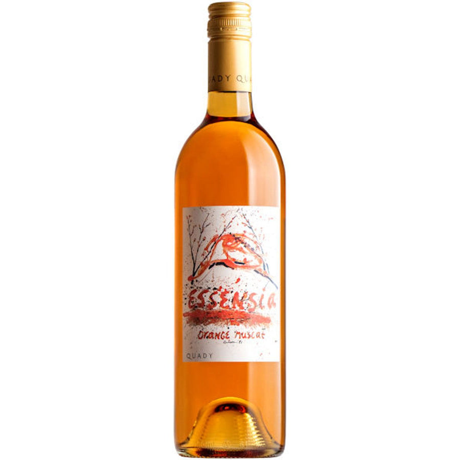 Quady Essensia Orange Muscat 2022 dessert wine in 750 ml bottle with vibrant aroma and golden hue.