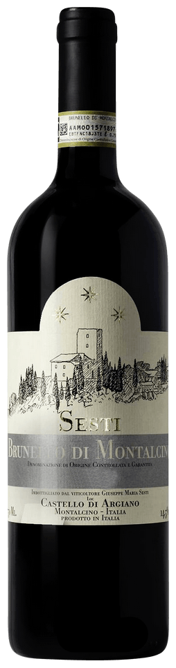 Red wine bottle with a detailed label on a white background