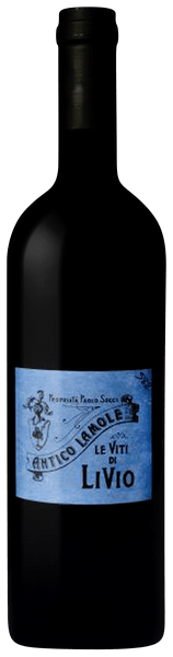 Red wine bottle with a blue label on a black background