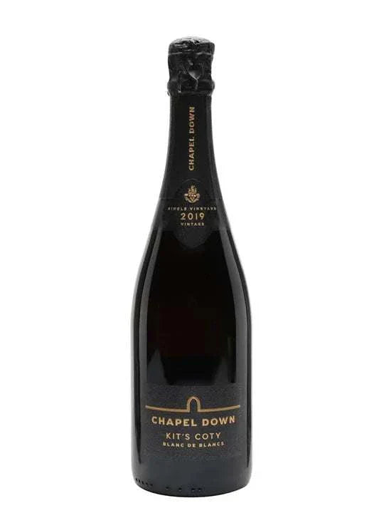 Chapel Down Kit's Coty Blanc de Blancs 2019 English sparkling wine bottle with elegant citrus and apple notes