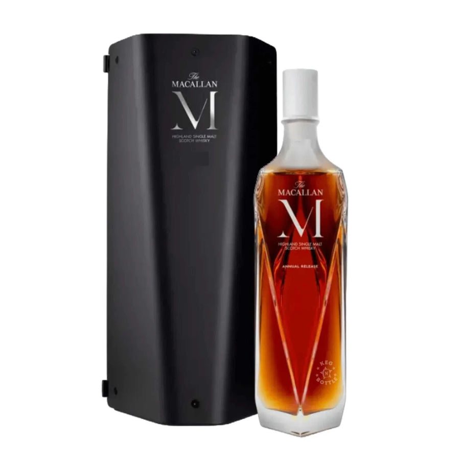The Macallan M Single Malt Scotch Whiskey 750 ML bottle showcasing luxury, rich flavors of dried fruit, spice, oak, and chocolate.