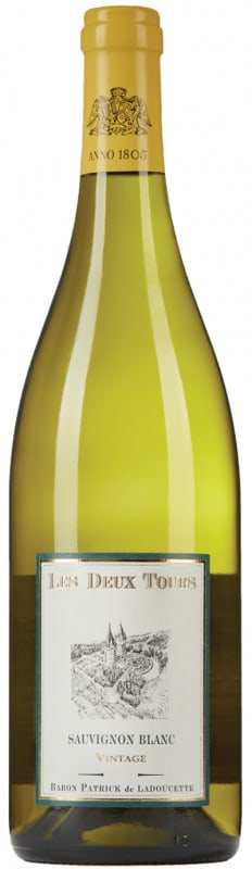 Les Deux Tours Sauvignon Blanc Touraine 2023 bottle showcasing a vibrant white wine from Loire Valley