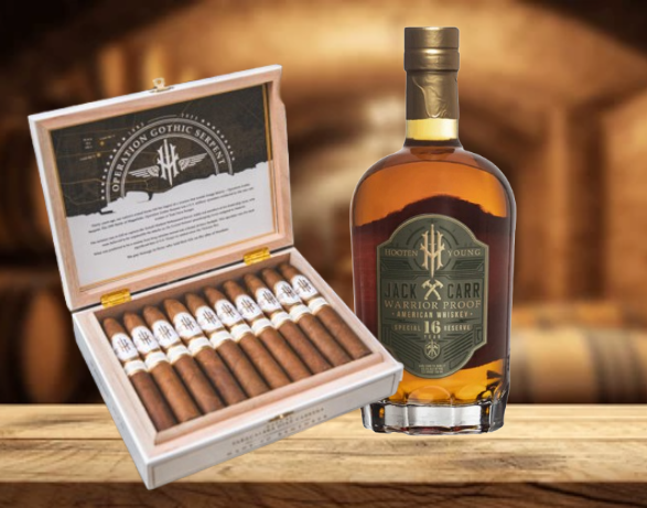 Hooten Young Jack Carr 16yr whiskey bottle and Gothic Serpent 30th cigar box