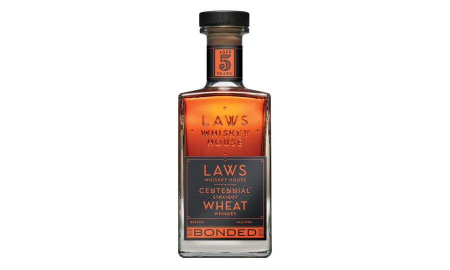 Laws Whiskey House 4 Years Old Centennial Straight Bonded Wheat Whiskey 750 ML bottle with amber whiskey inside and black label