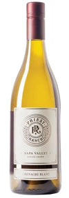 Wine bottle of Grenache Blanc from Priest Ranch with a white label on a clear background