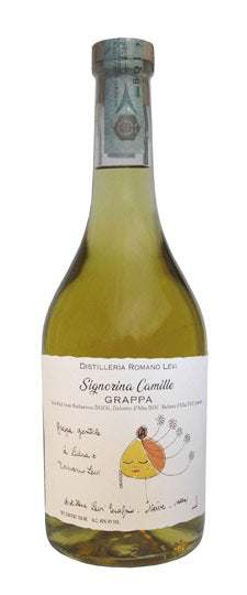 Bottle of Destilleria Romano Levi Grappa Signorina Camille 80 750 ML showcasing artisanal Italian craftsmanship