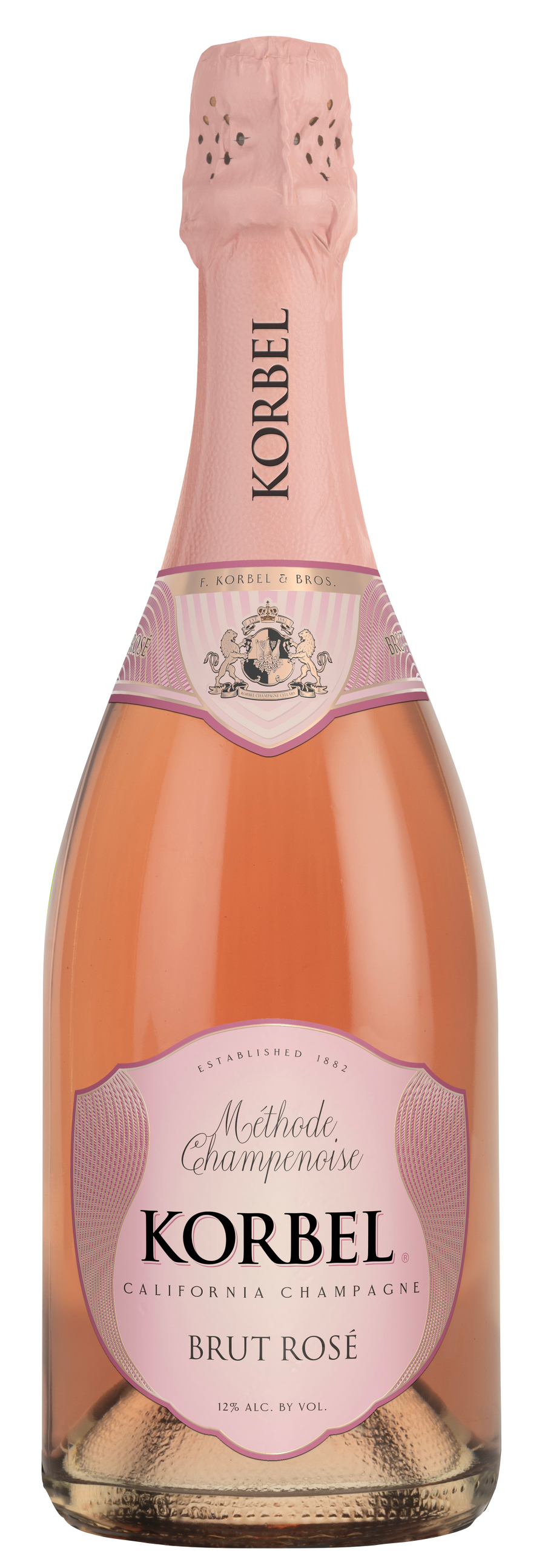 Korbel Champagne Brut Rosé 750 ML bottle with pink sparkling wine and fresh berries background