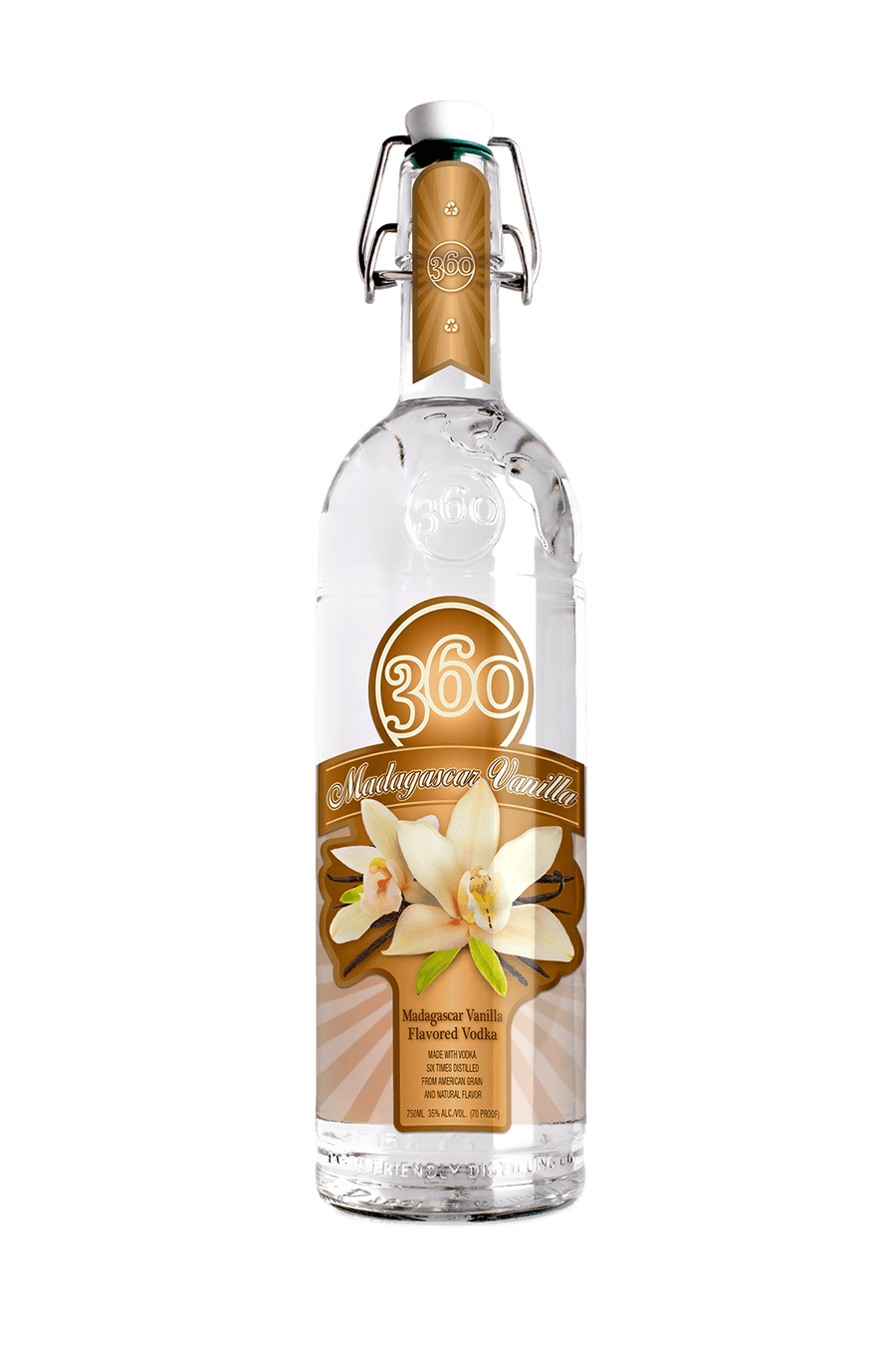 360 Madagascar Vanilla Vodka 1 L bottle with eco-friendly label and fresh vanilla flavor imagery.