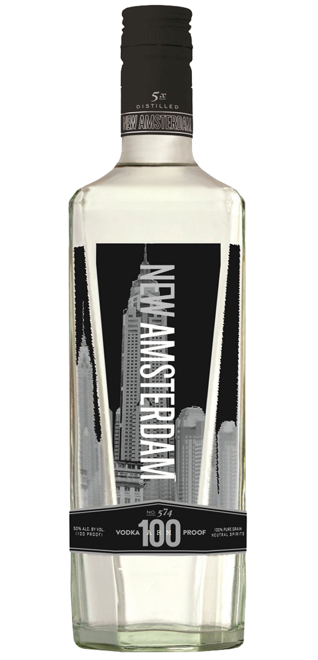New Amsterdam Vodka 100 Proof 750 ML bottle with a sleek label design featuring cityscape imagery.