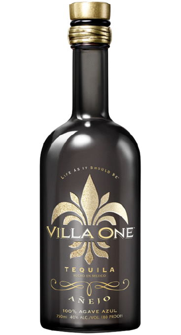 Villa One Anejo Tequila 750ml bottle with dark amber liquid, featuring a gold logo.