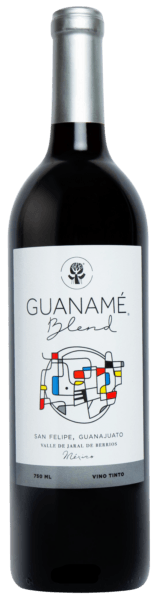 Red wine bottle with a white label featuring colorful abstract designs on a clear background