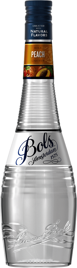 Bols Peach Schnapps Liqueur bottle with peach flavor label and clear glass design