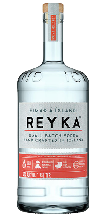 Reyka Limited Small Batch Vodka 1.75L bottle handcrafted in Iceland with clear Arctic spring water and volcanic lava filtration.