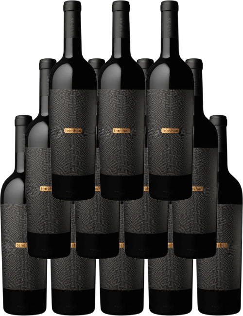 12 bottles of Tenshen Rhone Red Blend 750 ML with dark labels.