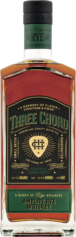 Bottle of Three Chord Amplify Blended Rye Whiskey 750 ML with amber liquid and detailed label