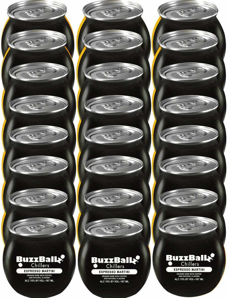 BuzzBallz Espresso Martini Chillers 200 ML cans, smooth rich coffee flavor, pack of 24.