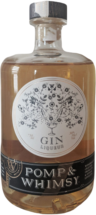 Pomp & Whimsy Gin Liqueur 750 ML bottle with botanical label and amber liquid