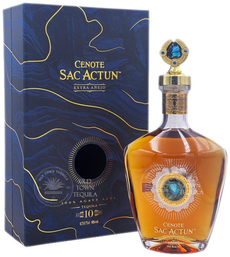 Cenote Tequila Sac Actun Extra Anejo 750ml bottle and box packaging.